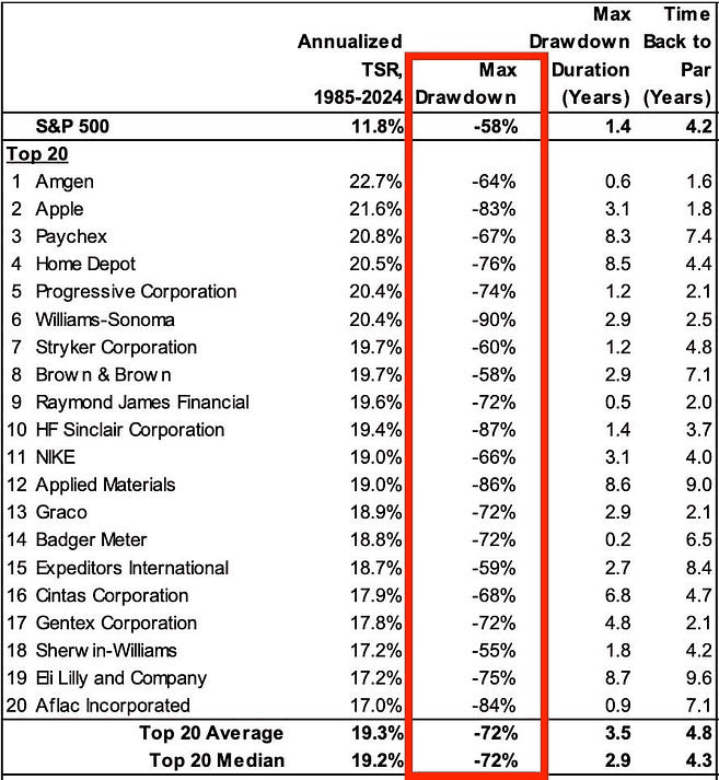 Table of the 20 best-performing U.S. stocks by total shareholder return from 1985 to 2024, led by Amgen at 22.7% a year and Apple at 21.6%. Each had a maximum drawdown between 55% and 90%; the median was 72%, compared with 58% for the S&P 500.
